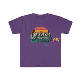 purple crew neck short sleeve t-shirt, comes in sizes small to 3XL, beach vibes written in a gradient sunset Beach Vibes Unisex Softstyle T-Shirt - Cosplay Moon