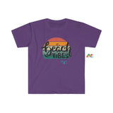 purple crew neck short sleeve t-shirt, comes in sizes small to 3XL, beach vibes written in a gradient sunset Beach Vibes Unisex Softstyle T-Shirt - Cosplay Moon