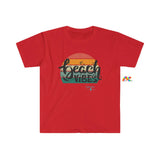 red crew neck short sleeve t-shirt, comes in sizes small to 3XL, beach vibes written in a gradient sunset Beach Vibes Unisex Softstyle T-Shirt - Cosplay Moon