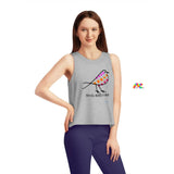 Gray  sleeveless crop top with crew neck and flowy fit, coloful bird and under says Birds Aren't Real sizes extra small to extra large Cosplay Moon, Birds Aren't Real, Sleeveless, Women's, Cropped, Tank Top, 3 Colors - Cosplay Moon