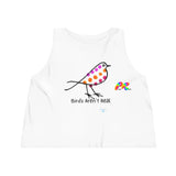 White  sleeveless crop top with crew neck and flowy fit, coloful bird and under says Birds Aren't Real sizes extra small to extra large Cosplay Moon, Birds Aren't Real, Sleeveless, Women's, Cropped, Tank Top, 3 Colors - Cosplay Moon