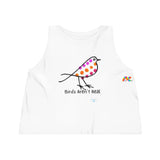  White  sleeveless crop top with crew neck and flowy fit, coloful bird and under says Birds Aren't Real sizes extra small to extra large Cosplay Moon, Birds Aren't Real, Sleeveless, Women's, Cropped, Tank Top, 3 Colors - Cosplay Moon