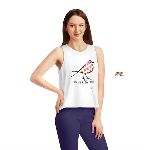 sleeveless crop top with crew neck and flowy fit, coloful bird and under says Birds Aren't Real  sizes extra small to extra large Cosplay Moon, Birds Aren't Real, Sleeveless, Women's, Cropped, Tank Top, 3 Colors - Cosplay Moon