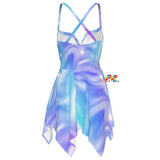 Bliss Rave Fairy Dress in vibrant, multicolored design with a flowy, ethereal silhouette, perfect for raves, festivals, and EDM events.