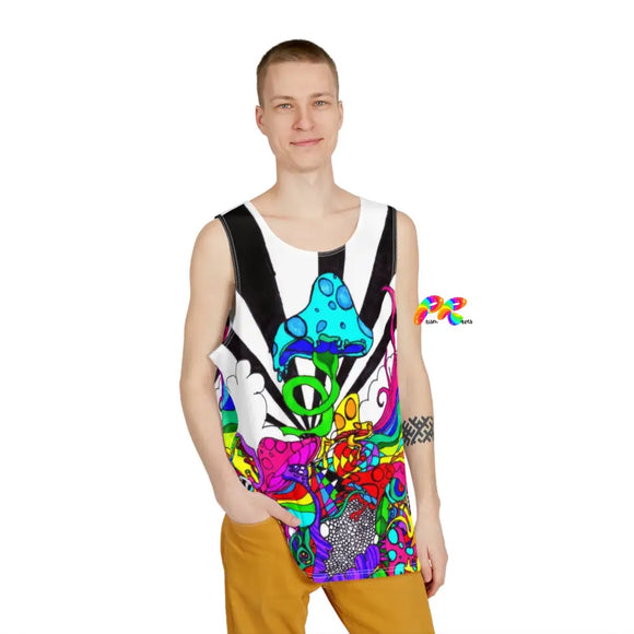 Vibrant Blue Mushroom Men's Tank Top featuring psychedelic mushroom design, perfect for rave enthusiasts and festival goers.