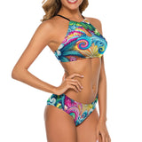 Euphoric Tides Rave Swimsuit on Prism Raves: A chic, supportive swimsuit with adjustable straps and a modern, Naruto-inspired red cloud pattern, blending comfort and unique style for festival enthusiasts.
