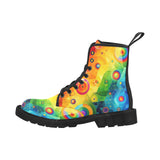 Pride Fusion Men's Lace-Up Canvas Boots featuring all-over rainbow print, robust black rubber sole, and stylish lace-up design, perfect for rave enthusiasts and everyday fashion