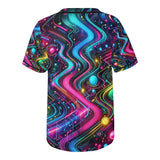 Eye-catching Neon Pulse Rave Baseball Jersey from Prism Raves, featuring a dynamic blend of neon hues that capture the electric pulse of the rave scene. This jersey is designed for standout festival fashion, merging comfort with the signature glow of EDM euphoria.
