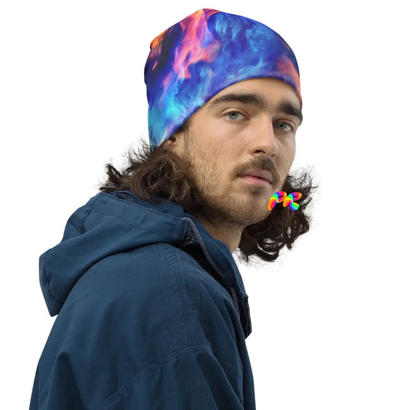 Chaos Festival Beanie on Prism Raves. This beanie features a vibrant, psychedelic design, ideal for festival-goers. The eye-catching pattern consists of a chaotic mix of colors and abstract shapes, embodying the energetic spirit of music festivals. It's a perfect accessory for adding a touch of whimsy and color to any rave or festival outfit.