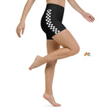 Checkered Yoga Shorts" from Prism Raves are designed for comfort and style, featuring a high waistband and soft microfiber yarn. These shorts are made from a blend of 82% polyester and 18% spandex, offering a four-way stretch fabric for ease of movement. The design includes a triangle-shaped gusset crotch, flat seams, and a cover stitch. Available in sizes ranging from XS to XL, these yoga shorts are suitable for various fitness activities. They can be paired with a matching checkered top, sold separately.