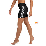 Checkered Yoga Shorts" from Prism Raves are designed for comfort and style, featuring a high waistband and soft microfiber yarn. These shorts are made from a blend of 82% polyester and 18% spandex, offering a four-way stretch fabric for ease of movement. The design includes a triangle-shaped gusset crotch, flat seams, and a cover stitch. Available in sizes ranging from XS to XL, these yoga shorts are suitable for various fitness activities. They can be paired with a matching checkered top, sold separately.