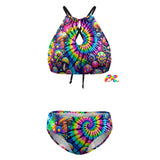Eye-catching Color Burst tie-dye two-piece bikini with a keyhole high-neck top featuring adjustable criss-cross straps and mid-rise bottoms. The vibrant tie-dye patterns make this bikini perfect for standout appearances at festivals or fun-filled pool parties.