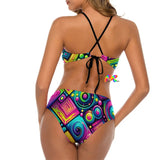 Color Matrix Rave Two-Piece Swimsuit featuring adjustable halter top with open back and padded bra, paired with moderately covered swim briefs, designed for comfort and style at EDM festivals and raves.