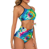 Color Swirl Tie Dye High Waist Strappy Bikini showcasing a vibrant tie dye swirl pattern and unique unilateral shoulder strap. Perfect for trendy beach outings and festival wear, this bikini features high-waisted bottoms that enhance curves, crafted from a comfortable polyester-spandex blend.
