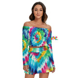Color Swirl Tie Dye Off The Shoulder Skirt Set featuring a one-shoulder, three-quarter sleeve top with a short skirt, perfect for festivals and raves. Side view showcasing the vibrant tie dye pattern and regular fit.