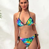 Color Swirl Tie Dye String Bikini featuring adjustable straps and side ties, vibrant tie dye pattern, and low waist design. Perfect for fashion-forward beach-goers seeking a stylish, comfortable, and eye-catching swimwear option for summer activities and pool parties.