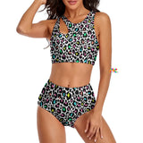 two-piece swimsuit with white background and leopard print with colorful dots and one strap split on right side sizes small to 2XL 86% polyester+14% spandex Two-piece Bikini Women's/Female Split Top High-waist bottoms Colorful Leopard Split Top Bikini - Cosplay Moon