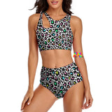 two-piece swimsuit with white background and leopard print with colorful dots and one strap split on right side sizes small to 2XL 86% polyester+14% spandex Two-piece Bikini Women's/Female Split Top High-waist bottoms Colorful Leopard Split Top Bikini - Cosplay Moon