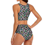 two-piece swimsuit with white background and leopard print with colorful dots and one strap split on right side sizes small to 2XL 86% polyester+14% spandex Two-piece Bikini Women's/Female Split Top High-waist bottoms Colorful Leopard Split Top Bikini - Cosplay Moon
