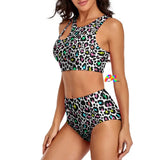 two-piece swimsuit with white background and leopard print with colorful dots and one strap split on right side sizes small to 2XL 86% polyester+14% spandex Two-piece Bikini Women's/Female Split Top High-waist bottoms Colorful Leopard Split Top Bikini - Cosplay Moon