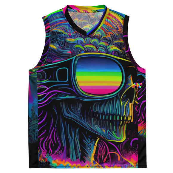 A basketbal l jersey with a v-neck that is sleevless, has a psychedelic pattern with a skull wearing sunglasses and a rainbow in the lenses, comes in sizes extra small to 6XLCool Alien Basketball Jersey - Cosplay Moon