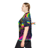 This football jersey has black trim on the neck and a psychedelic pattern with a skull wearing sunglasses and a rainbow in the sunglasses, comes in extra small to 4 XL sizes for men or womenCool Alien Rave Football Jersey - Cosplay Moon