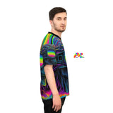 This football jersey has black trim on the neck and a psychedelic pattern with a skull wearing sunglasses and a rainbow in the sunglasses, comes in extra small to 4 XL sizes for men or womenCool Alien Rave Football Jersey - Cosplay Moon