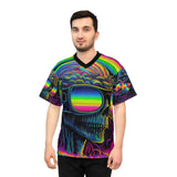 This football jersey has black trim on the neck and a psychedelic pattern with a skull wearing sunglasses and a rainbow in the sunglasses, comes in extra small to 4 XL sizes for men or womenCool Alien Rave Football Jersey - Cosplay Moon