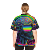 This football jersey has black trim on the neck and a psychedelic pattern with a skull wearing sunglasses and a rainbow in the sunglasses, comes in extra small to 4 XL sizes for men or womenCool Alien Rave Football Jersey - Cosplay Moon