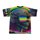 This football jersey has black trim on the neck and a psychedelic pattern with a skull wearing sunglasses and a rainbow in the sunglasses, comes in extra small to 4 XL sizes for men or womenCool Alien Rave Football Jersey - Cosplay Moon