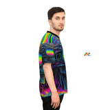 This football jersey has black trim on the neck and a psychedelic pattern with a skull wearing sunglasses and a rainbow in the sunglasses, comes in extra small to 4 XL sizes for men or womenCool Alien Rave Football Jersey - Cosplay Moon