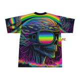 This football jersey has black trim on the neck and a psychedelic pattern with a skull wearing sunglasses and a rainbow in the sunglasses, comes in extra small to 4 XL sizes for men or womenCool Alien Rave Football Jersey - Cosplay Moon
