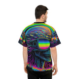 This football jersey has black trim on the neck and a psychedelic pattern with a skull wearing sunglasses and a rainbow in the sunglasses, comes in extra small to 4 XL sizes for men or womenCool Alien Rave Football Jersey - Cosplay Moon