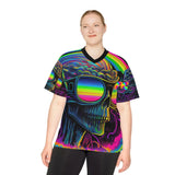 This football jersey has black trim on the neck and a psychedelic pattern with a skull wearing sunglasses and a rainbow in the sunglasses, comes in extra small to 4 XL sizes for men or womenCool Alien Rave Football Jersey - Cosplay Moon