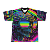 This football jersey has black trim on the neck and a psychedelic pattern with a skull wearing sunglasses and a rainbow in the sunglasses, comes in extra small to 4 XL sizes for men or womenCool Alien Rave Football Jersey - Cosplay Moon