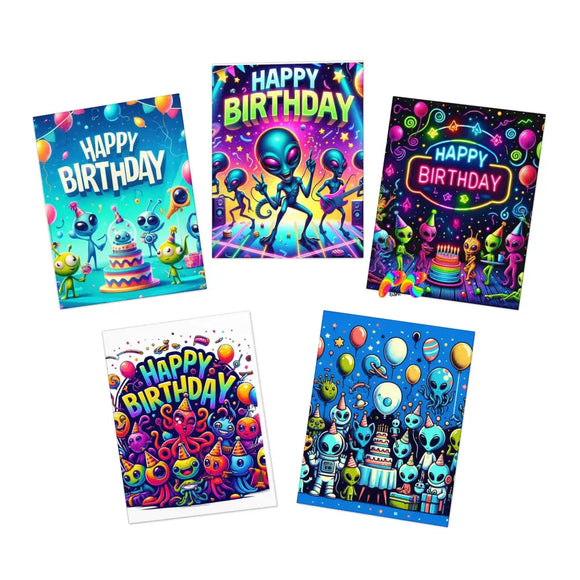 Cosmic Birthday Wishes Multi-Design Greeting Cards 5-Pack, each featuring unique celestial-themed designs and individual birthday wishes on high-quality uncoated paper. Sized at 4.25