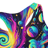 Cosmic Dance Girls Two-Piece Swimsuit available on Prism Raves. This vibrant swimsuit features a galaxy-themed design with a racerback top and swim briefs, offering both style and functionality. Made from 82% microfiber polyester and 18% spandex, it provides comfort and flexibility for all water activities. Ideal for young girls eager to enjoy summer fun in style.