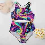 Cosmic Dance High Waist Racerback Rave Bikini available on Prism Raves. This colorful two-piece features a galaxy-themed design with a supportive racerback top and mid-rise bottoms for moderate coverage. Made from 86% polyester and 14% spandex, it includes a soft cotton lining and fine sewing for comfort and durability, perfect for EDM enthusiasts and festival-goers.