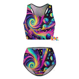 Cosmic Dance High Waist Racerback Rave Bikini available on Prism Raves. This colorful two-piece features a galaxy-themed design with a supportive racerback top and mid-rise bottoms for moderate coverage. Made from 86% polyester and 14% spandex, it includes a soft cotton lining and fine sewing for comfort and durability, perfect for EDM enthusiasts and festival-goers.