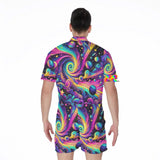 Colorful Cosmic Dance Men's Rave Romper featuring four-way stretch fabric with 95% polyester and 5% spandex, designed for comfort and mobility. Styled with a standard collar, button placket, and a chest patch pocket, perfect for festival and rave enthusiasts seeking stylish and practical rave wear.