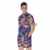 Colorful Cosmic Dance Men's Rave Romper featuring four-way stretch fabric with 95% polyester and 5% spandex, designed for comfort and mobility. Styled with a standard collar, button placket, and a chest patch pocket, perfect for festival and rave enthusiasts seeking stylish and practical rave wear.