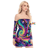 Vibrant Cosmic Dance women's off-shoulder back lace-up dress with flowing arm sleeves, designed for rave enthusiasts and festival goers, offering a stylish and unique look for EDM events and dance festivals.