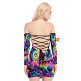 Vibrant Cosmic Dance women's off-shoulder back lace-up dress with flowing arm sleeves, designed for rave enthusiasts and festival goers, offering a stylish and unique look for EDM events and dance festivals.