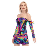 Vibrant Cosmic Dance women's off-shoulder back lace-up dress with flowing arm sleeves, designed for rave enthusiasts and festival goers, offering a stylish and unique look for EDM events and dance festivals.