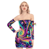 Vibrant Cosmic Dance women's off-shoulder back lace-up dress with flowing arm sleeves, designed for rave enthusiasts and festival goers, offering a stylish and unique look for EDM events and dance festivals.