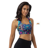 longline rave sports bra, blue mandala psychedelic, sweetheart neckline, matching yoga shorts, rave outfits and workout sets, small to 3xl - cosplay moon