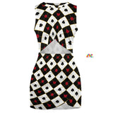 black and white checkered wonderland style pattern mini dress with a crew neck and is sleeveless, a cutout in the middle and a wrap around skirt comes in sizes small up to 5XL 95% polyester+5% spandex Mini dress Cut-out dress Sleeveless Rave Apparel Crew Neck Women's/Female Dark Wonderland Cutout Mini Rave Dress - Cosplay Moon