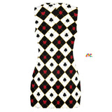 black and white checkered wonderland style pattern mini dress with a crew neck and is sleeveless, a cutout in the middle and a wrap around skirt comes in sizes small up to 5XL 95% polyester+5% spandex Mini dress Cut-out dress Sleeveless Rave Apparel Crew Neck Women's/Female Dark Wonderland Cutout Mini Rave Dress - Cosplay Moon