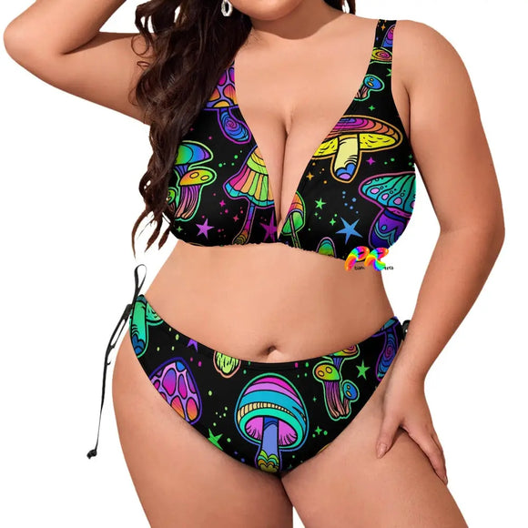Dreamscape Fungi Rave Plus Size Bikini, featuring psychedelic prints for the ultimate rave swimsuit experience, available in multiple sizes at Prism Raves.