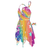 Whimsical Dreamscapes Fairy Rave Dress featuring an asymmetrical hem, ruffle top, and criss-cross straps, perfect for dancing at festivals or relaxing at the beach.